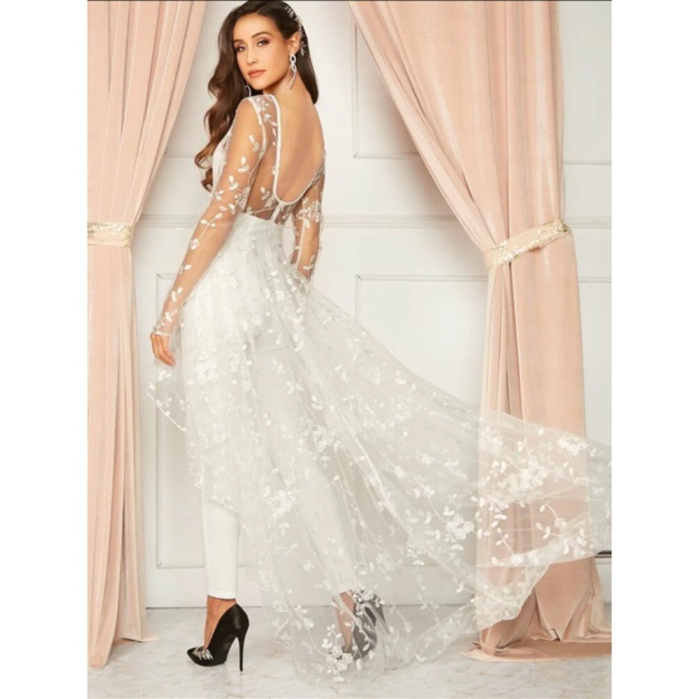Scoop back jumpsuit with embroidered skirt cape